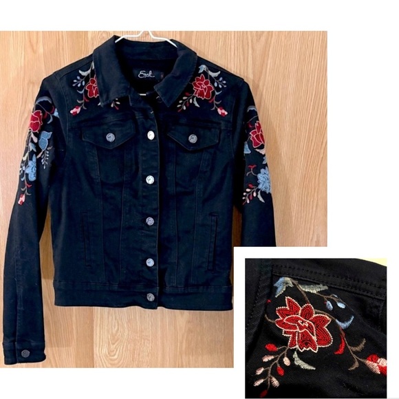 Earl Jeans Black Floral Embroidered Denim Jacket - Picture 1 of 7